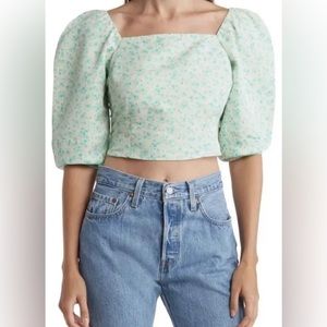 Levi's Women's Puff 3/4 Sleeve Cropped Blouse Electric Green Floral Medium